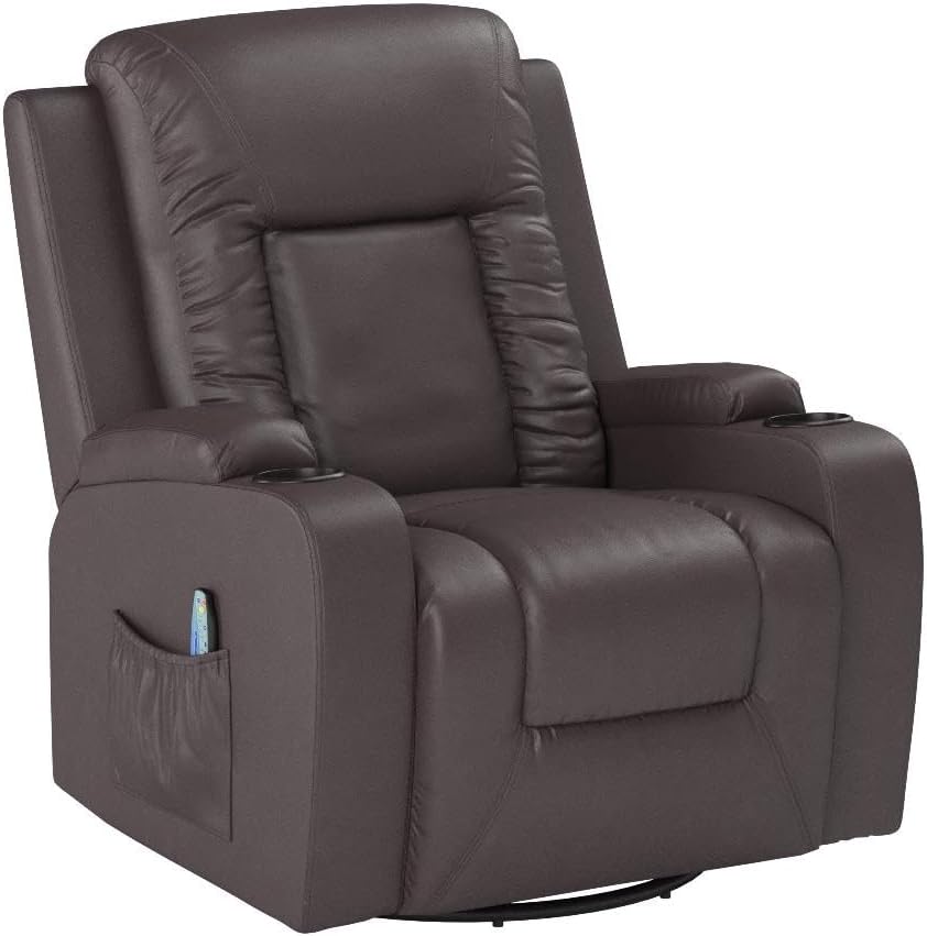 Mocha Brown Massage Recliner with Heat, Vibration, and Swivel – Comfort and Style. Features 8 vibrating motors, 5 massage modes, heating function for waist relief, manual reclining, and rocking. Includes remote control, cup holders, and side pocket for convenience. Ideal for relaxation in living rooms and bedrooms.