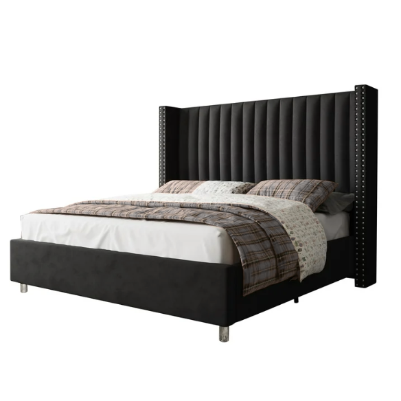 Velvet Upholstered Queen Size Platform Bed with Tufted Button Detail on Headboard