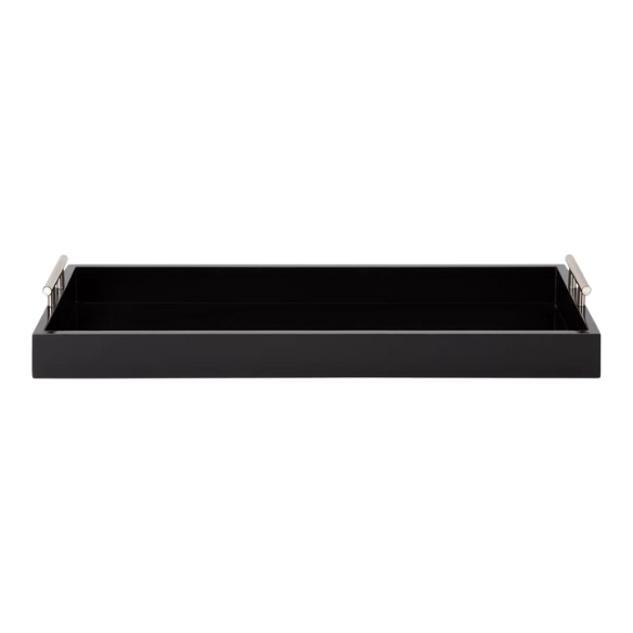 Sleek and Sophisticated Long Rectangular Serving Tray – High Gloss Wood with Polished Metal Handles, Perfect for Entryway, Vanity, or Coffee Table