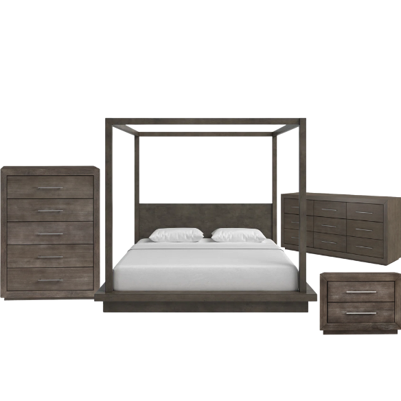 Rustic Solid Wood Platform 4-Piece Bedroom Set - Cozy Mountain Cabin-Inspired Design with Canopy Bed, 9-Drawer Dresser, Nightstand, and Optional 5-Drawer Chest – Natural Pine Wood Finish with Exquisite Grain Detail