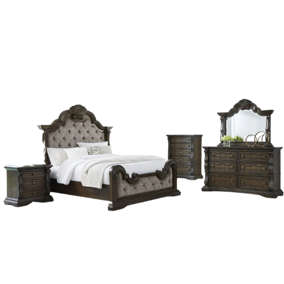 4-Piece Queen Upholstered Bedroom Set in Brown with Tufted Headboard, Dresser, Chest & Nightstand