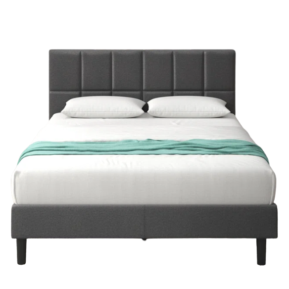 Modern King Size Upholstered Low Profile Platform Bed – Square-Tufted Headboard, Durable Steel Frame