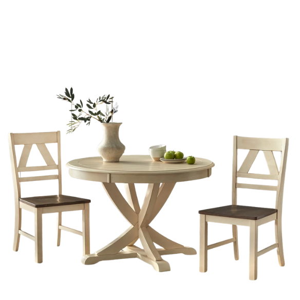 Charming Country-Style Dining Set with Rustic Appeal – Round Table & Geometric Back Chairs