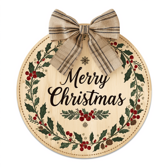 Rustic Round Wooden Christmas Sign with Holly Wreath and Plaid Bow