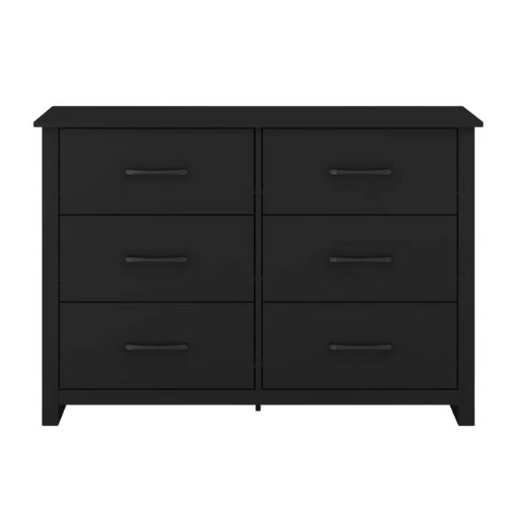 Modern 6-Drawer Double Dresser with Flared Feet and Sleek Black Metal Handles
