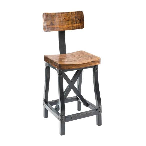 Retro Counter Stool with Back – Vintage Industrial Design, Solid Wood Seat, Antique Silver Metal Finish, and Removable Backrest for Versatile Seating