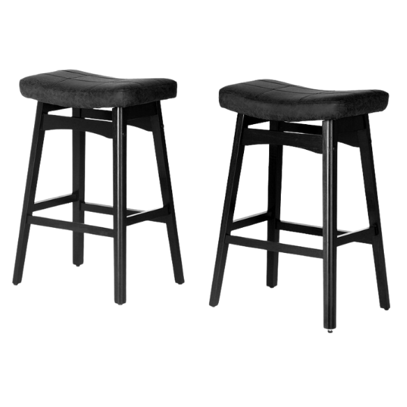 24-Inch Solid Wood Barstools with Linen/PU Leather Fabric Cushion – Set of 2 Backless Saddle Seat Counter Stools for Modern Living