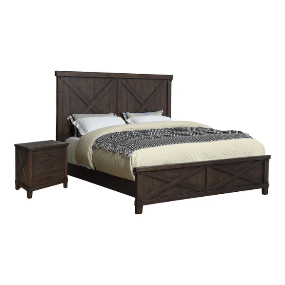 Rustic Dark Walnut 2-Piece King Size Panel Bed and Nightstand Set with X-Shape Accents and Metal Corners