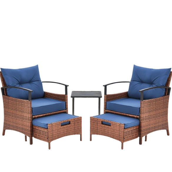 Patio Furniture Set | Outdoor Rattan Chairs with Tempered Glass Coffee Table, Ottomans, and Soft Cushions | Stylish Wicker Conversation Set
