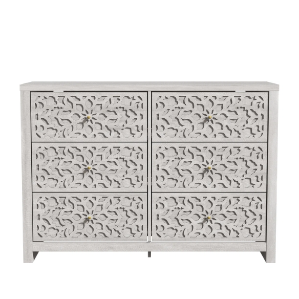 Boho-Inspired 45.4" 6-Drawer Dresser with Distressed Finish and Openwork Floral Details