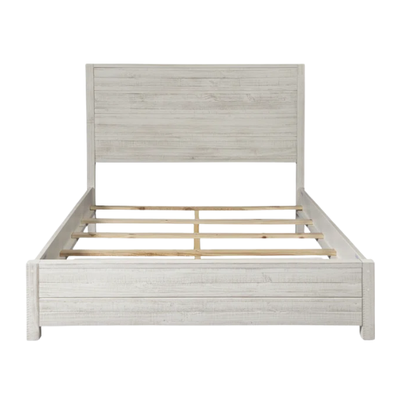 Rustic Solid Pine Wood King Size Panel Bed with Distressed Finish and Streamlined Headboard