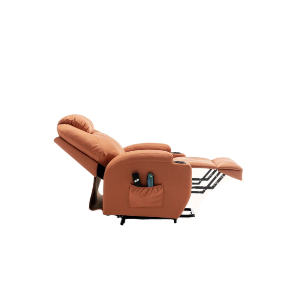 Orange Swivel Rocker Recliner with Massage and Heating, 360° swivel, soothing rocking motion, 8 vibration points, lumbar heating, ergonomic design, convenient storage with cup holders and side pockets, durable performance fabric, easy assembly, and quick relaxation.