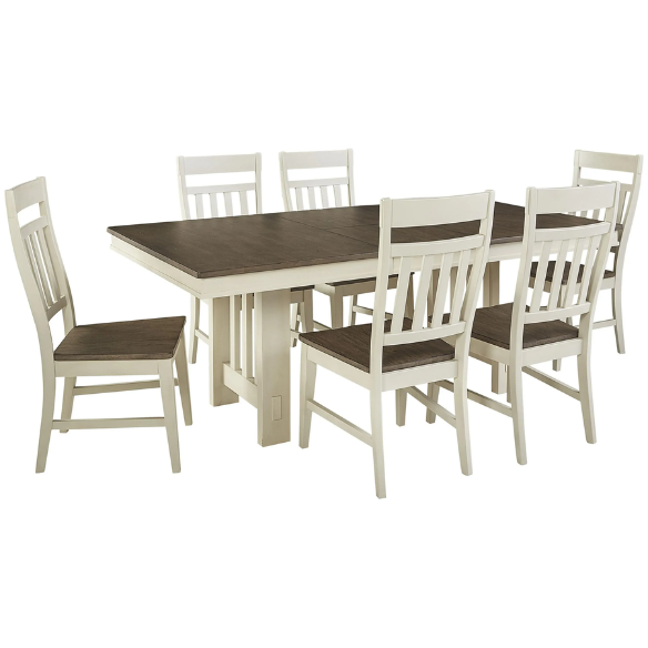 7-Piece Solid Wood Dining Set - Trestle Table with Self-Storing Leaf and Comfortable Side Chairs