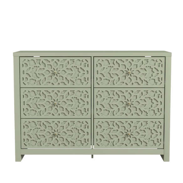 Boho-Inspired 45.4" 6-Drawer Dresser with Distressed Finish and Openwork Floral Details