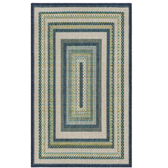 Coastal-Inspired Geometric Rug – Fade & Stain-Resistant,Ivory,Green,Blue Pattern, Ideal for Indoor/Outdoor Use