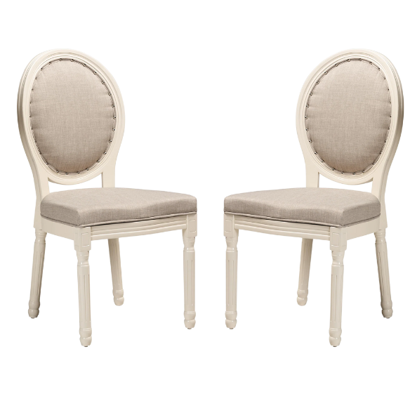Upholstered Faux Leather Nailhead Dining Chair with Carved Wood Legs – Gray and White