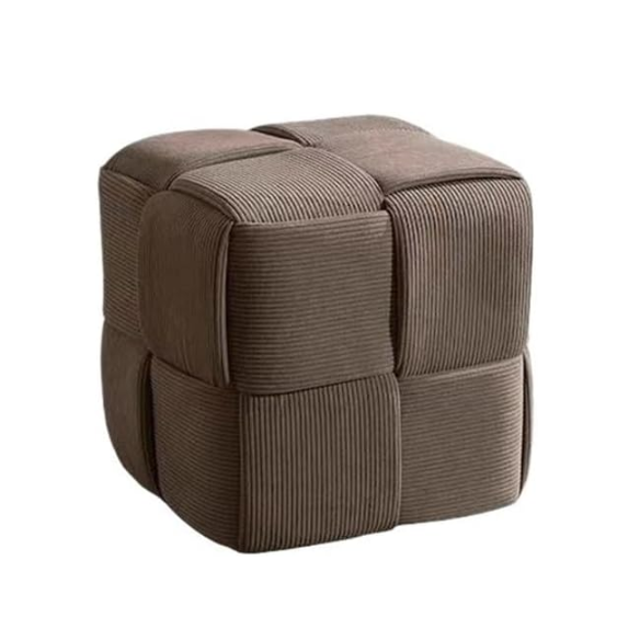 Light chocolate brown corduroy ottoman with cross-stitch design and sturdy wood frame