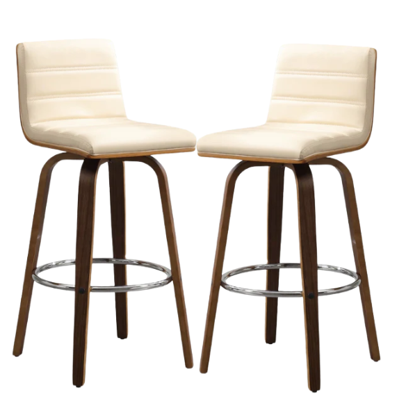 Mid-Century Modern Faux Leather Swivel Counter/Bar Stools – 360° Swivel, Padded PU Leather Seat & Back, Durable Bentwood Legs, Metal Footrest, Supports Up to 440lbs for Home Bar or Kitchen