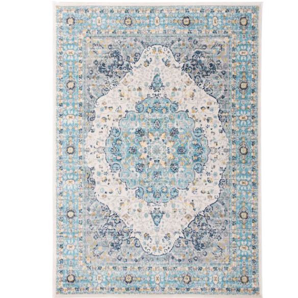 Distressed Oriental-Inspired Indoor Rug – Blue, Yellow & Cream Medallion Pattern, Stain-Resistant, Fade-Resistant, Perfect for Traditional & French Country Décor