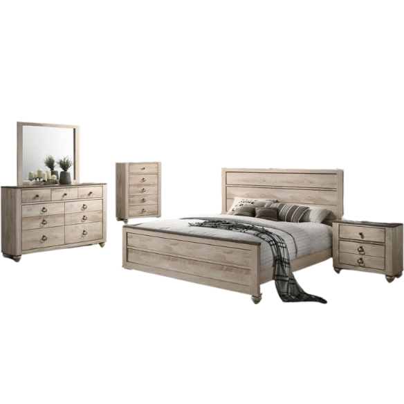 Rustic and Refined 6-Piece Contemporary Driftwood King Bedroom Set with Dovetail Construction and Antique-Inspired Distressed Finish