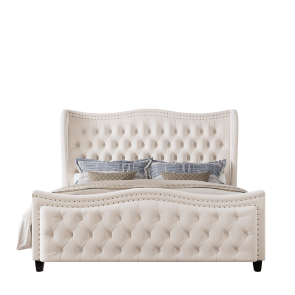 Gem-Tufted Queen Size Upholstered Wingback Bed with Curved Design