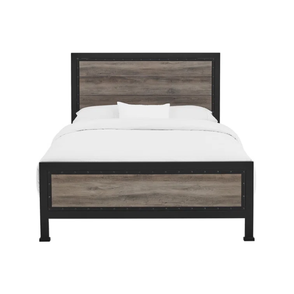 Rustic Industrial Queen Size Bed with Wood-Look Center – Sturdy and Stylish Design