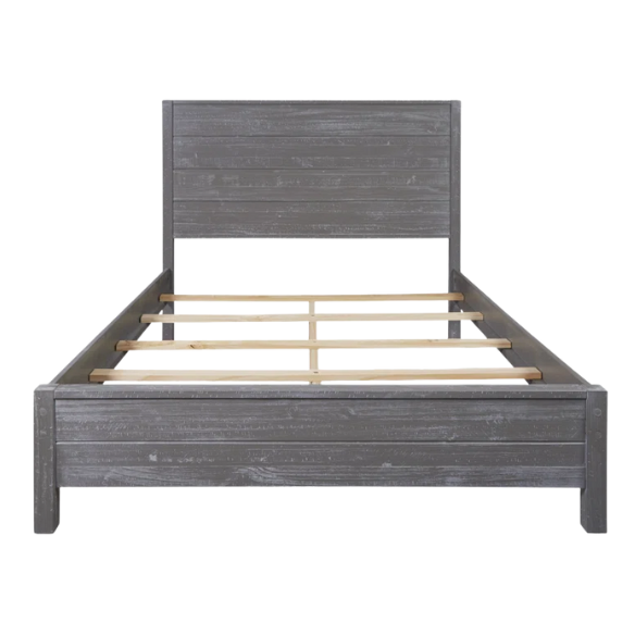 Rustic Solid Pine Wood King Size Panel Bed with Distressed Finish and Streamlined Headboard
