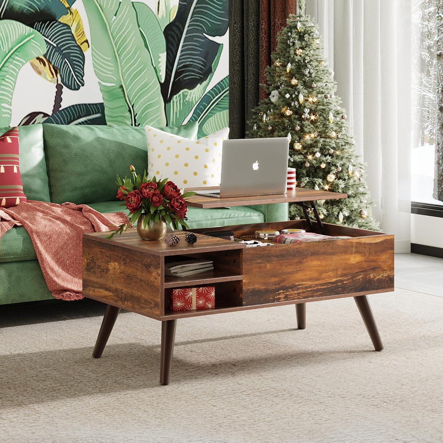 Mid-century storage table espresso. Dual-toned rustic finish with hydraulic lift. Modern Living Room Furniture