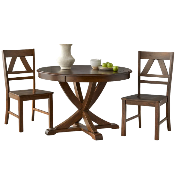 Country-Style 3-Piece Dining Set – Round Beadboard Table with X-Base and Geometric Back Chairs
