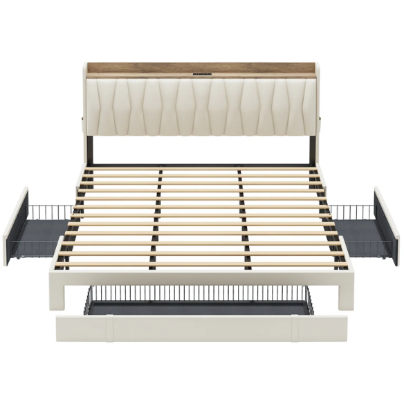 Modern Upholstered King Size Bed Frame with 3 Storage Drawers, Soft Foam Headboard, and Built-in Charging Station