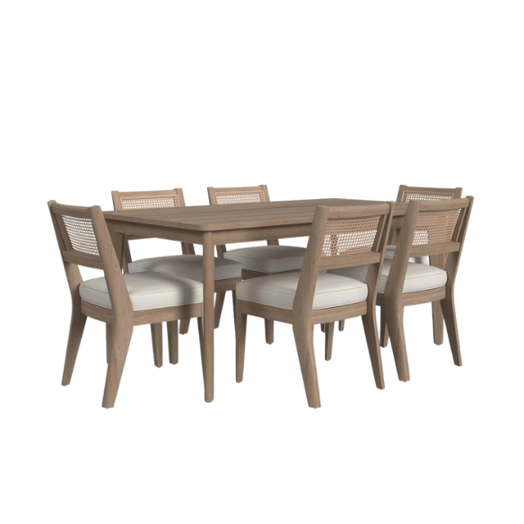 7-Piece Brown Wood Rectangle Dining Set – Mid-Century Boho Style with Sustainable Oak & Cane Details