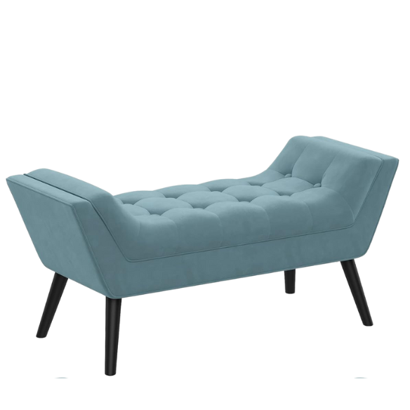Blue tufted fabric bench with solid wood frame, modern design, and button-tufted upholstery for added comfort and style. Ideal for living room, bedroom, or entryway seating.
