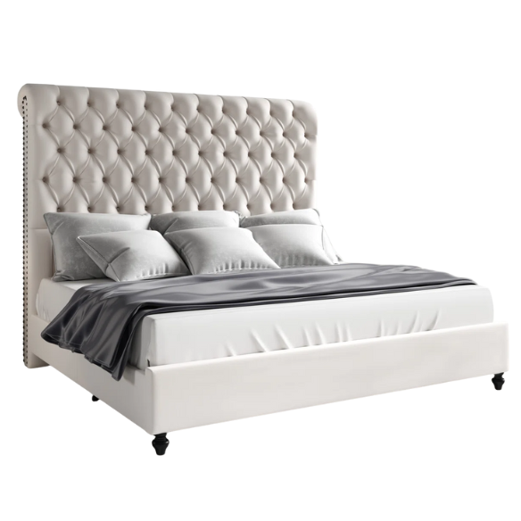 Luxurious Velvet Upholstered Sleigh Bed with Tufted Button and Gem-Accented Headboard