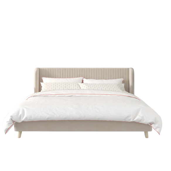 King Size Upholstered Wingback Platform Bed – Luxe Velvet Headboard with Vertical Tufting, Mid-Century Modern Design, and Space-Saving Wooden Frame