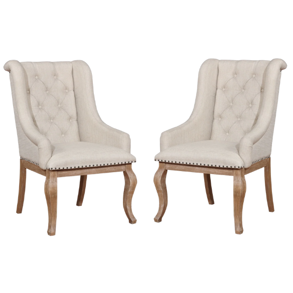 Beige Button Tufted Upholstered Arm Chairs with Light Tan Wooden Legs (Set of 2) – Elegant Accent Dining or Lounge Seating