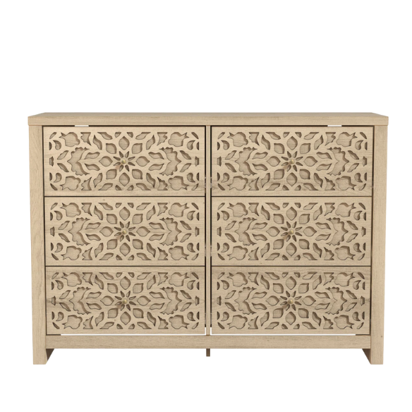 Boho-Inspired 45.4" 6-Drawer Dresser with Distressed Finish and Openwork Floral Details