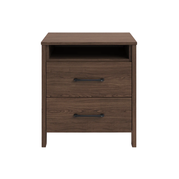 22.7" 2-Drawer Nightstand – Space-Saving Modern Minimalism, Engineered Wood with Clean-Lined Silhouette, Neutral Finish, Open Cubby & 2 Spacious Drawers for Bedroom Storage, Ideal for Tech & Accessories
