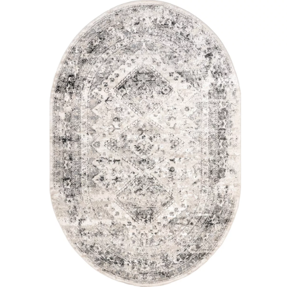 Distressed Oriental-Inspired Indoor Rug – Gray, Silver & Ivory Medallion Pattern, Stain-Resistant, Fade-Resistant, Perfect for Traditional & French Country Décor
