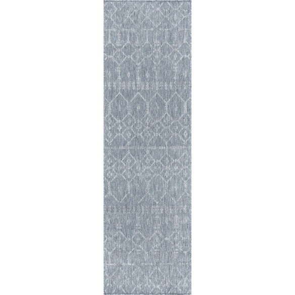 Boho-Inspired Greyish Blue & Ivory Geometric Rug – Fade & Stain-Resistant, Low-Pile, Perfect for High-Traffic Indoor/Outdoor Spaces