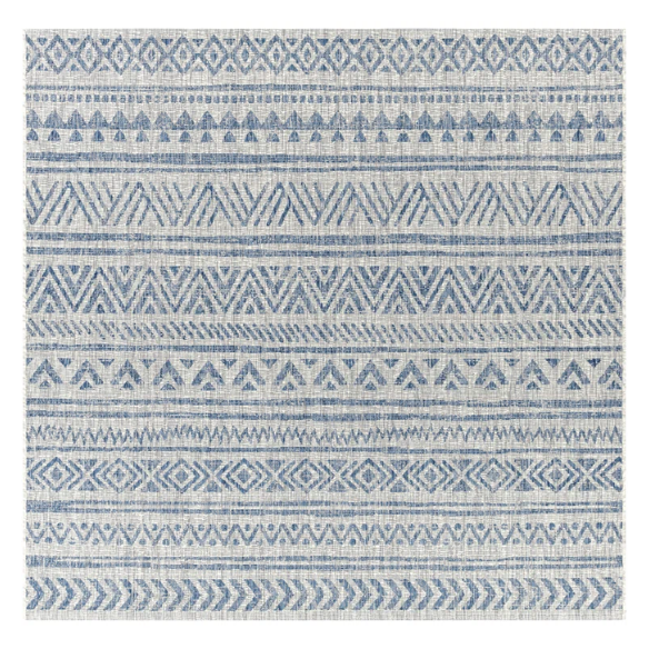 Striped Geometric Area Rug – Blue & Taupe, Durable Polypropylene, Low-Pile Design for High-Traffic Indoor/Outdoor Spaces