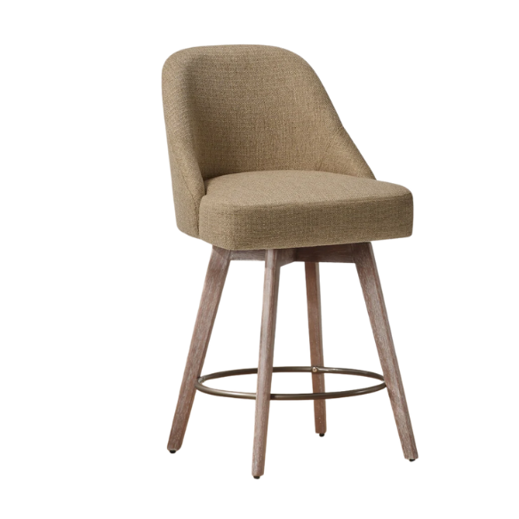 Modern Counter Height Swivel Bar Stool – Upholstered Faux Leather/Polyester Blend Seat, Solid Beech Wood Frame, Ergonomic High Back, Bronze Metal Footrest, 300lb Capacity for Kitchen, Bar, or Pub