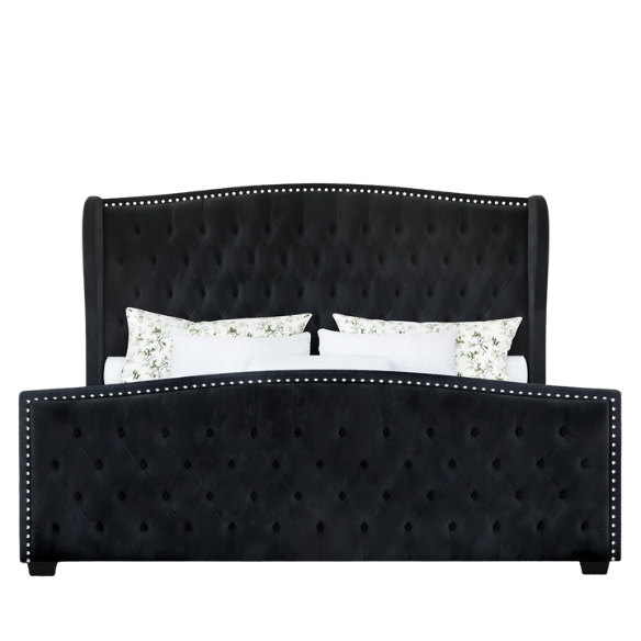 Luxurious King Size Velvet Upholstered Platform Bed Frame with Wingback Headboard – Handmade Button Tufting, Nailhead Detailing, Sturdy Construction, and No Box Spring Needed