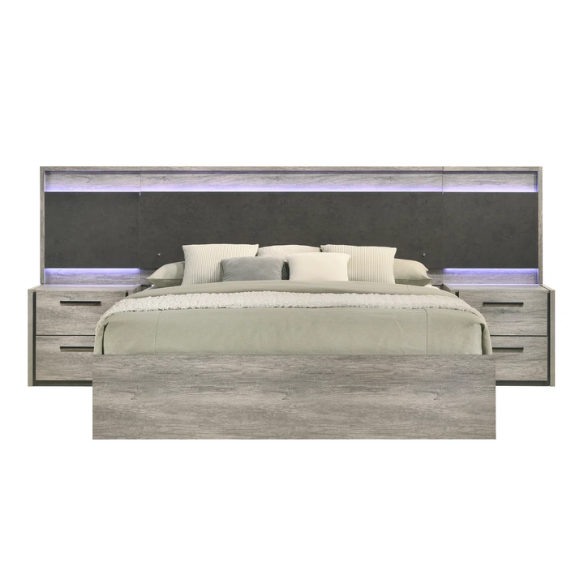 Modern LED Wall Bed with Nightstands, Dresser, Mirror, and Chest in Weathered Gray