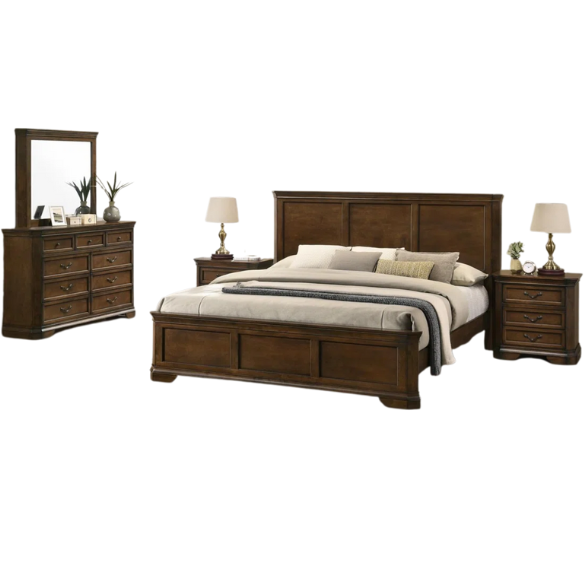 Classic Traditional Wood Queen Panel Bed with Dresser, Mirror, and Two Nightstands in Antique Walnut Finish