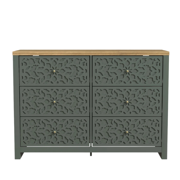 Boho-Inspired 45.4" 6-Drawer Dresser with Distressed Finish and Openwork Floral Details