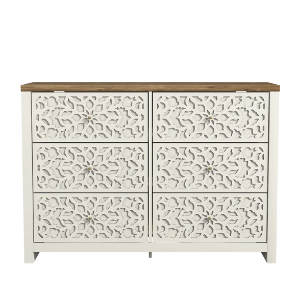 Boho-Inspired 45.4" 6-Drawer Dresser with Distressed Finish and Openwork Floral Details