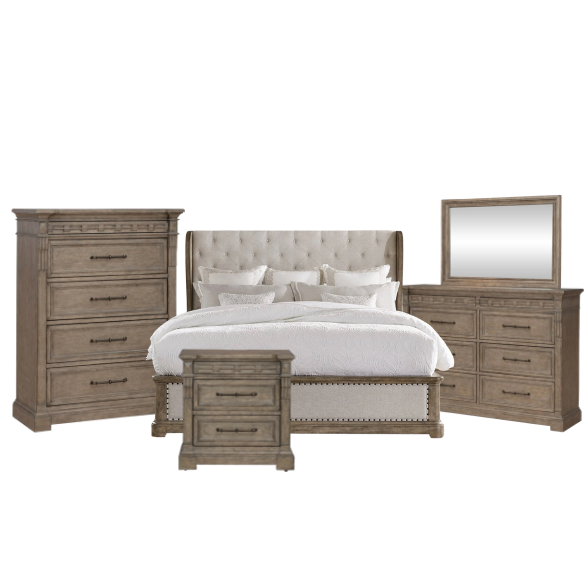 Timeless Elegance Barrigan 6-Piece King Panel Bed, Dresser, Mirror, Chest & Nightstand Set – Dusty Taupe Finish, Burnished Brass Accents, Full Extension Drawers, Cedar & Felt-Lined Drawers, Decorative Fretwork, and Built-in Charging Station