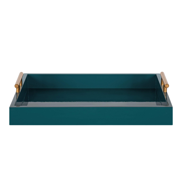 Sleek and Sophisticated Long Rectangular Serving Tray – High Gloss Wood with Polished Metal Handles, Perfect for Entryway, Vanity, or Coffee Table