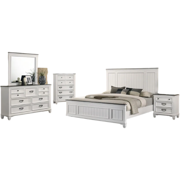 Modern Farmhouse 5-Piece Wood Bedroom Set with Shiplap Detailing, Weathered White Finish, and Black Finished Hardware