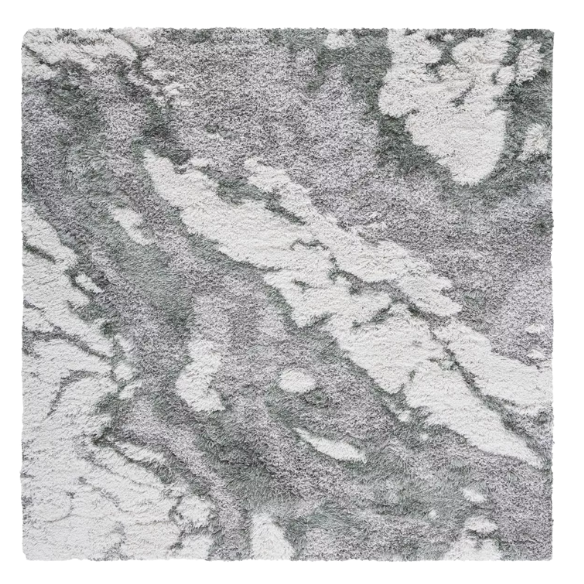 Plush Abstract Green, Grey, and White Pattern Shag Rug